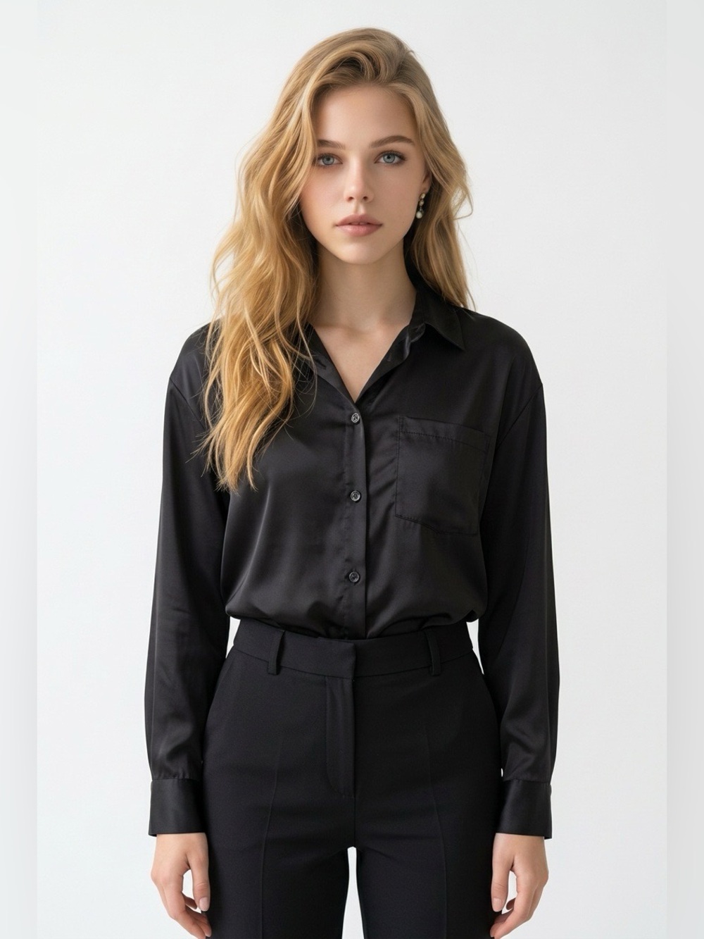 stars above Black Satin Button-Down Shirt